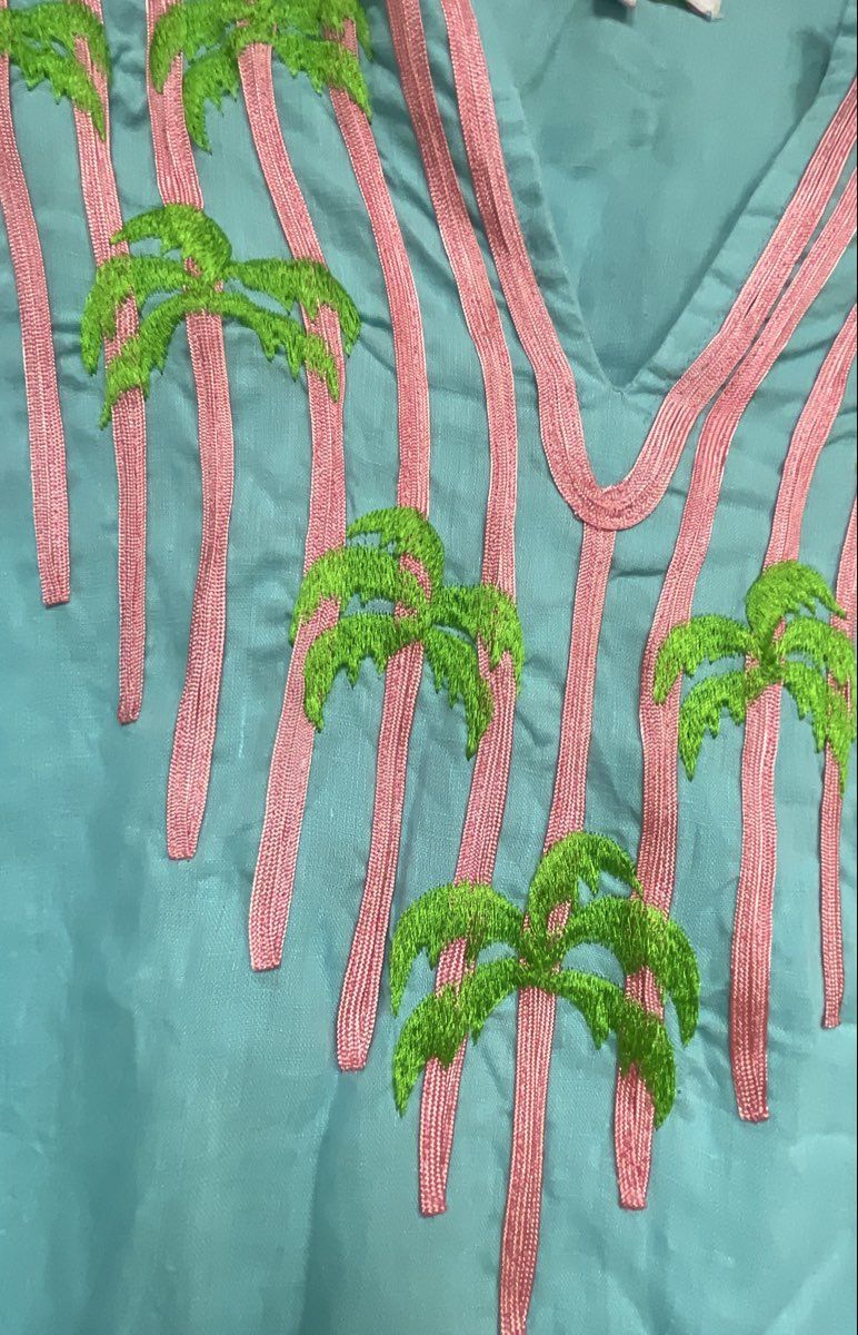Barbara Gerwit Women's Aqua Tunic Top Embroidered Palm Tree Tropical Size XL