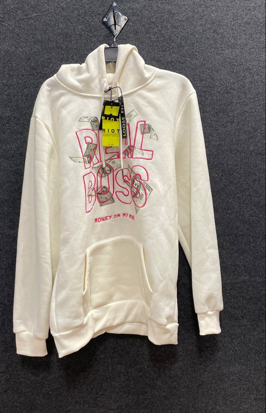 Riot Empire Men's White Real Boss Fleece Hoodie Graphic Sweatshirt Size XL NWT