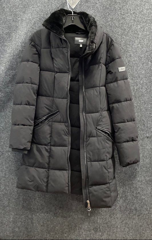 DKNY Women's Black Quilted Puffer Coat Faux Fur Collar Sorona Insulated Sz XXS