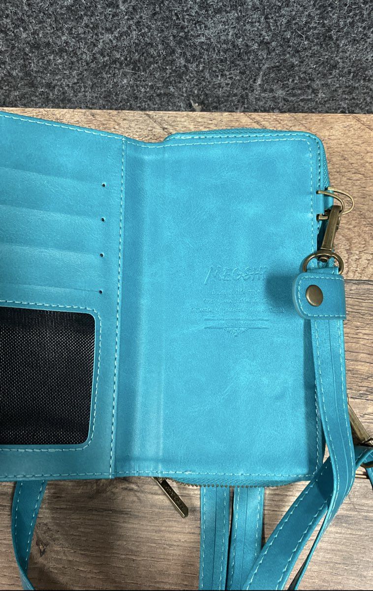 Megshi Crossbody Wallet Phone Case Teal Blue Vegan Leather Travel Organizer