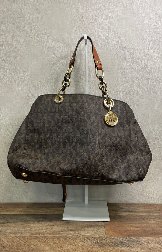 Michael Kors Cynthia Brown Monogram Chain Satchel Tote Crossbody Bag