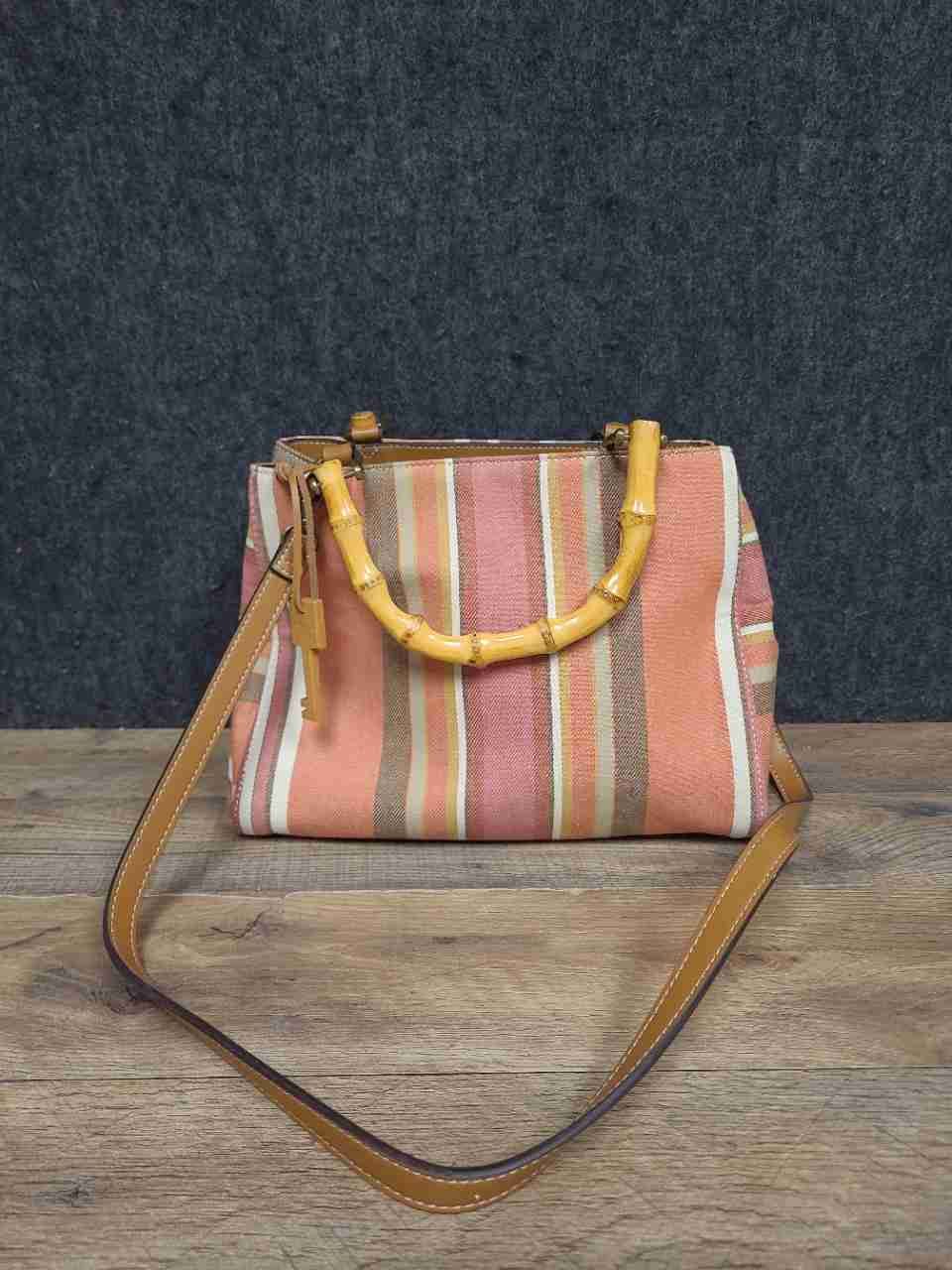 Fossil Striped Canvas Bamboo Handle Satchel Bag Pink Orange Multi-Color