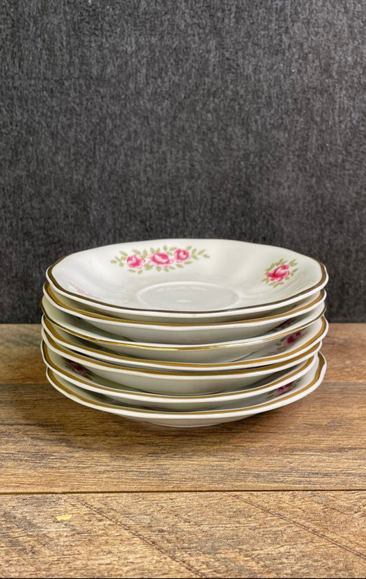 Vintage Karolina Porcelain Saucer Set of 7 Pink Floral Gold Rim Made in Poland