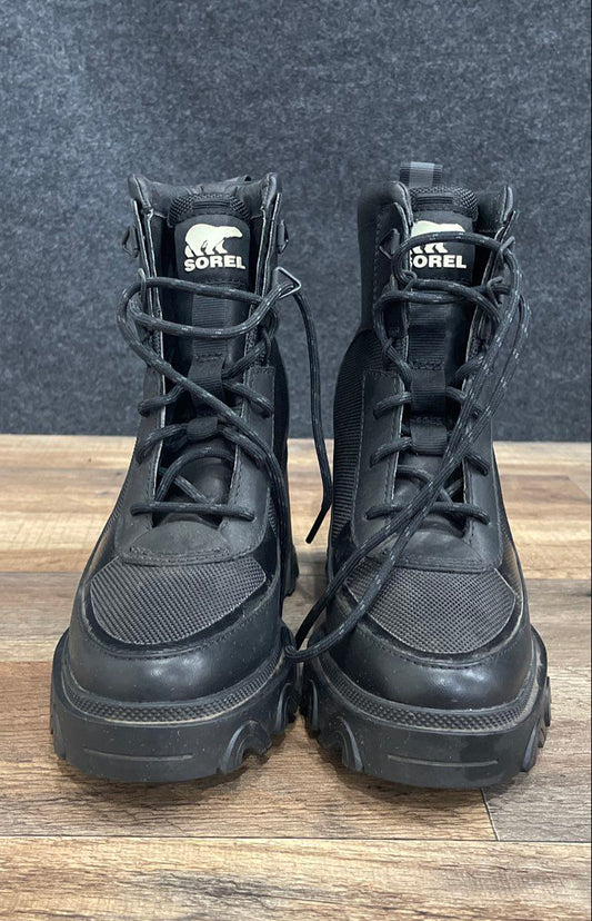 Sorel Brex Boot Lace Black Leather Heeled Platform Boots Women's Size 6.5