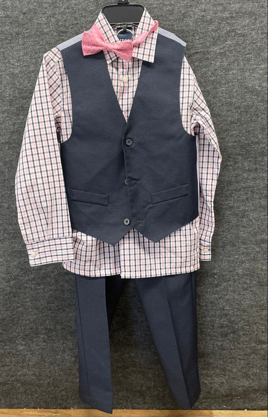 IZOD Boys 4-Piece Suit Set Navy Blue Pink Plaid Shirt Vest Pants Bow Tie Sz 8