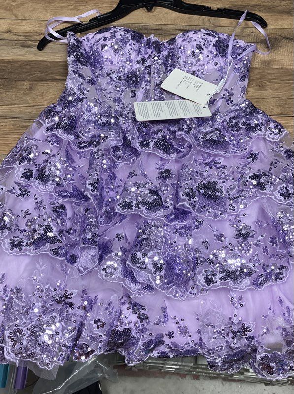 Stacees Women's Lilac Sequined Floral Lace Tiered Corset Back Mini Dress NWT 0