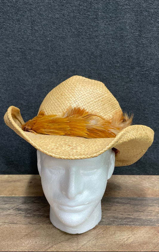 Shady Brady Western Straw Cowboy Hat Natural Tan Feather Band Size L