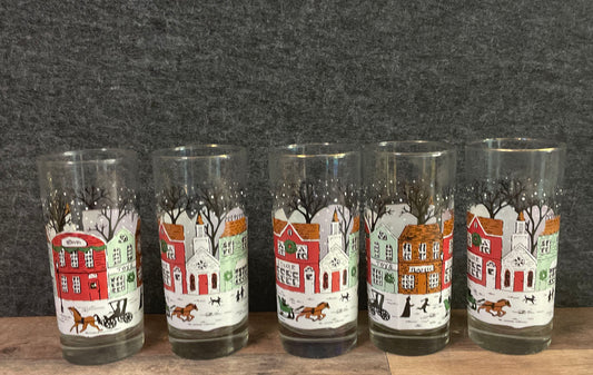 Libbey Christmas Winter Town Scene Highball Tumblers Glasses Set of 5 Vintage