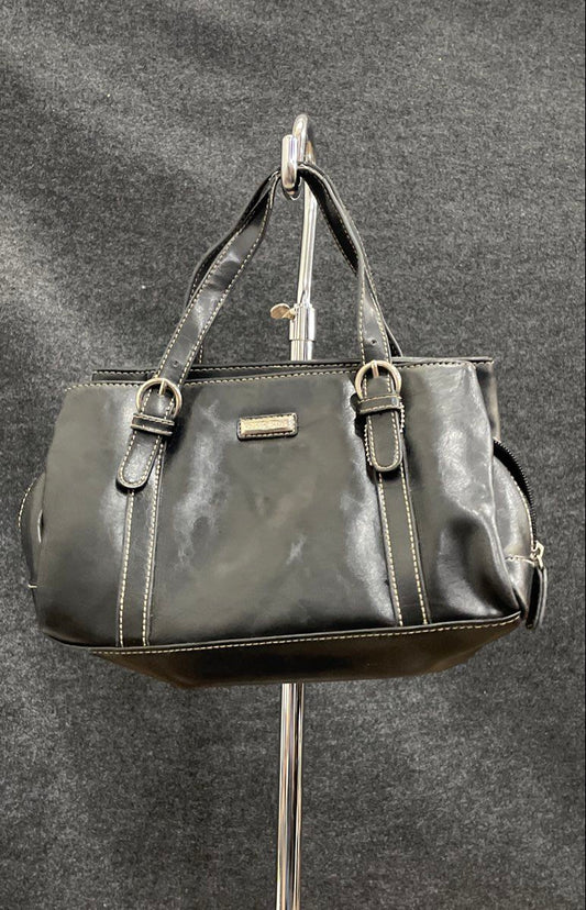 Vintage Duck Head Black Leather Top Handle Shoulder Bag Silver Hardware