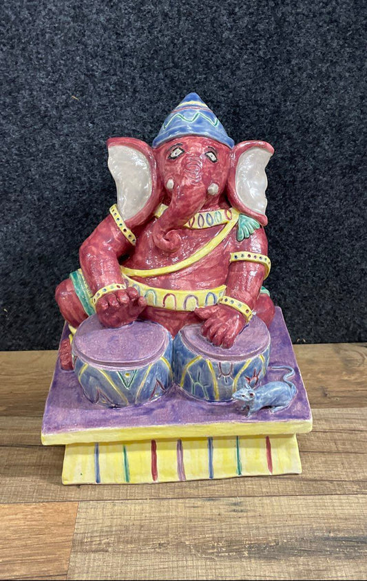 Vintage Ganesha Ceramic Figurine Playing Bongo Drums Colorful Hand Painted 10"