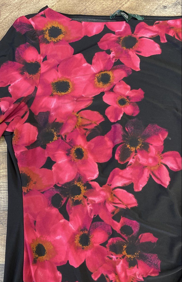 Lauren Ralph Lauren Women's Black Pink Floral Ruched Sheath Dress Sz 14