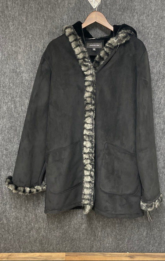 Jones New York Women's Black Faux Suede Faux Fur Trim Hooded Winter Coat Sz XL