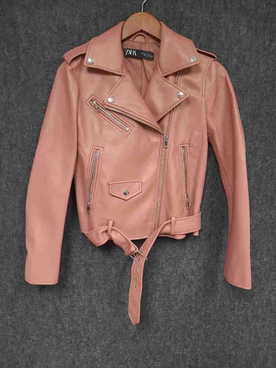 Zara Women's Faux Leather Moto Biker Jacket Blush Pink Belted Size S