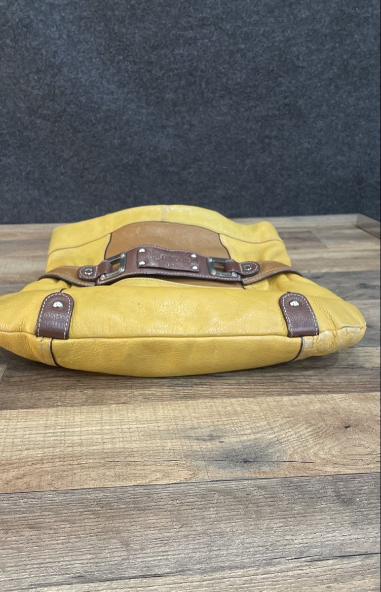 Tignanello Yellow Pebbled Leather Hobo Shoulder Bag Brown Trim Buckle