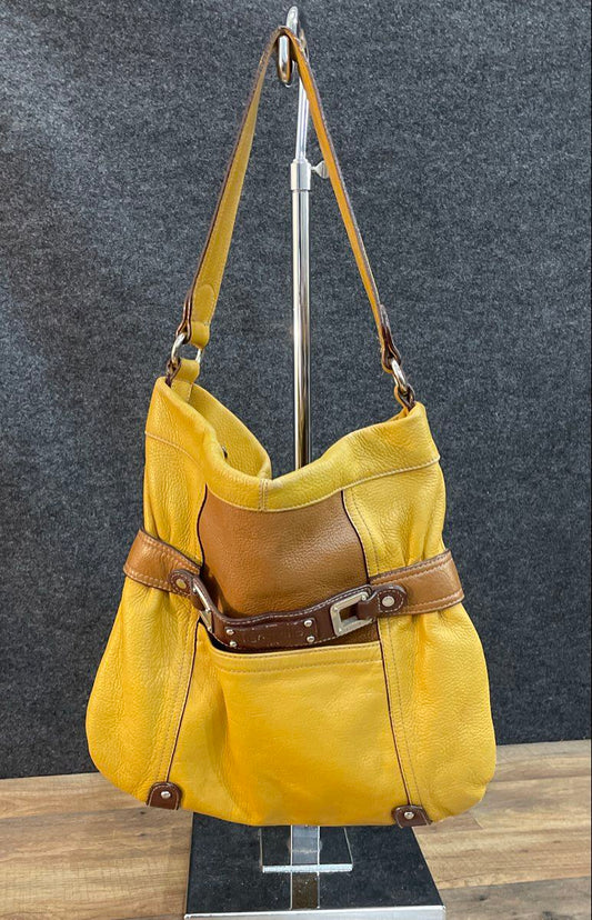 Tignanello Yellow Pebbled Leather Hobo Shoulder Bag Brown Trim Buckle