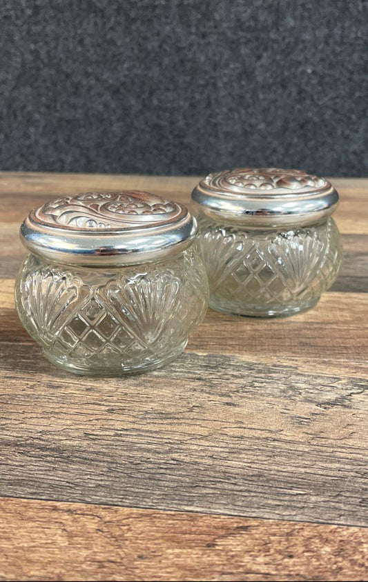 Vintage Avon Set 2 Pressed Glass Vanity Jars Ornate Silver Tone Lids