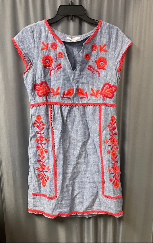 Boden Women's Blue Red Floral Embroidered Scallop Trim Linen Dress Sz 2R