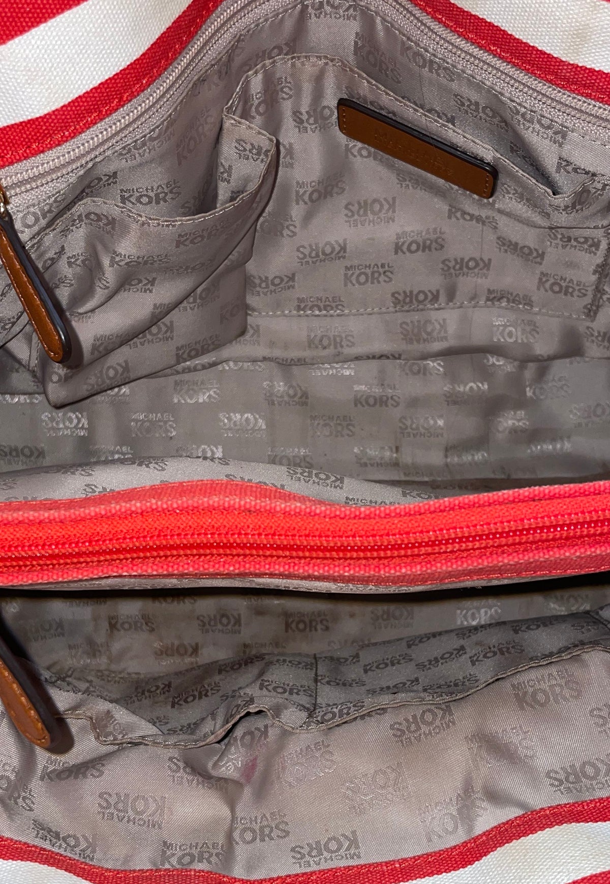 Michael Kors Red White Striped Canvas Leather Tote Satchel Bag Gold Hardware