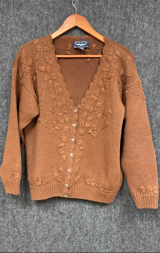 Best American Womens Vintage 90s Brown Floral Ramie Cotton Cardigan Sweater M