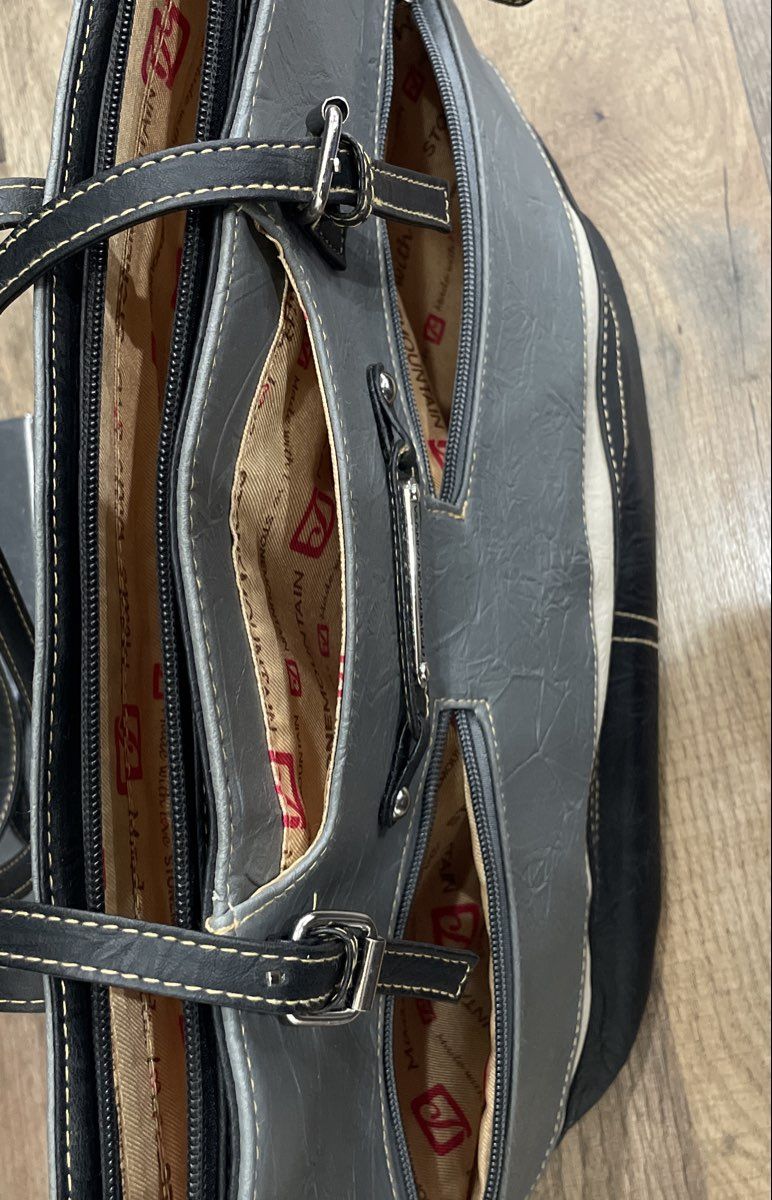 Stone Mountain Grey Black White Tri-Color Multi-Pocket Tote Bag Handbag