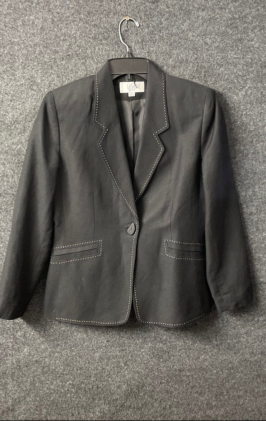 Le Suit Women's Black Blazer Jacket Contrast Stitch Linen Blend Petite Sz 6P