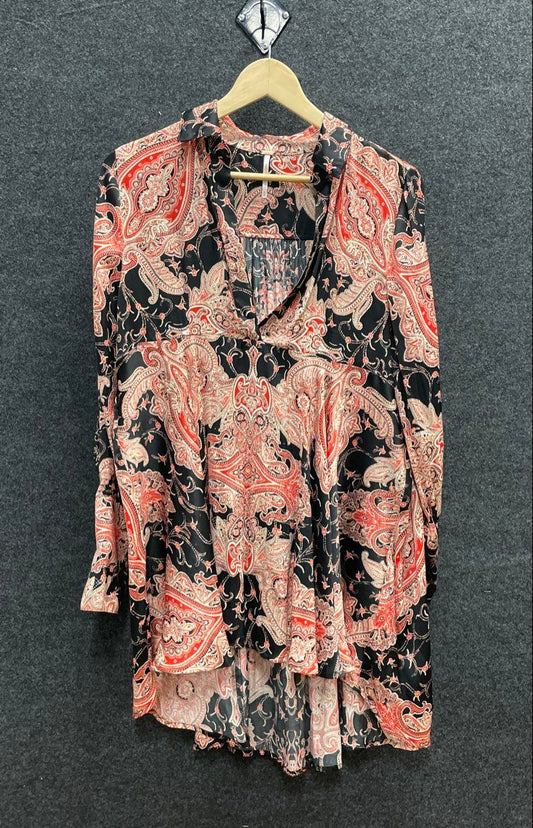 Free People Women's Red Black Paisley Print High Low Long Sleeve Tunic Blouse M