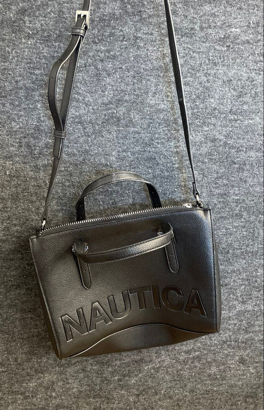 Nautica Black Faux Leather Embossed Logo Satchel Crossbody Shoulder Bag