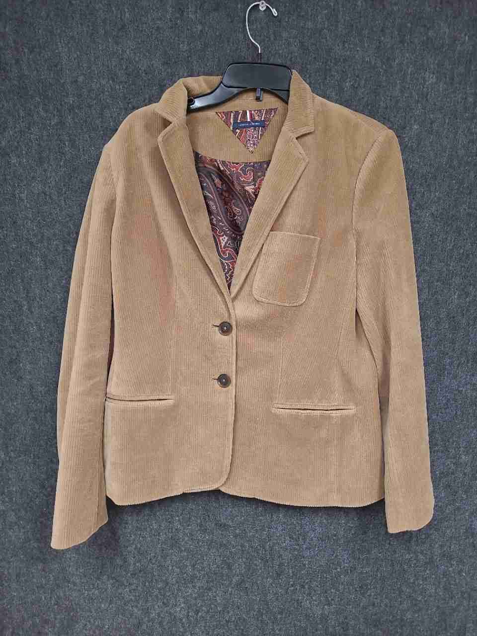 Tommy Hilfiger Women's Tan Corduroy Blazer Jacket Elbow Patches Paisley Lining