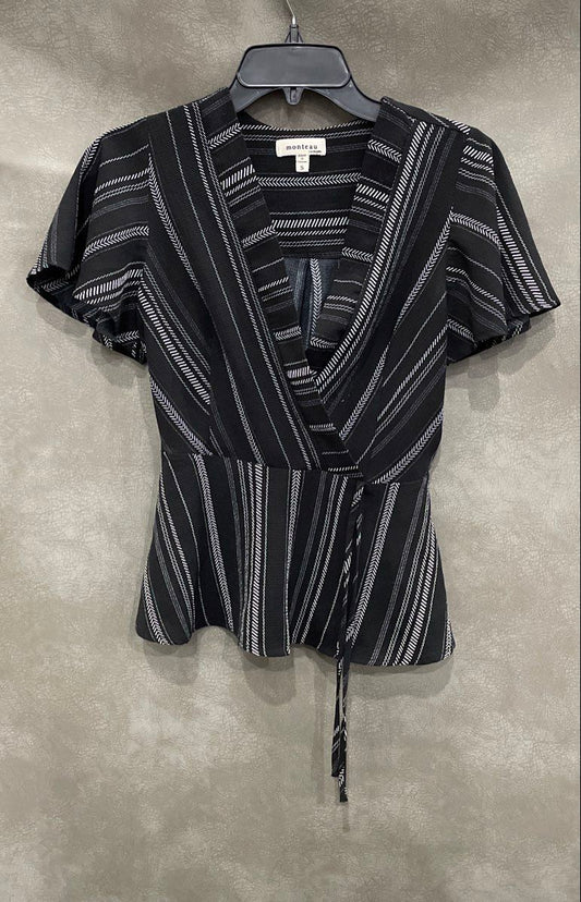 Monteau Women's Black White Striped Wrap Peplum Blouse Flutter Sleeve Sz S