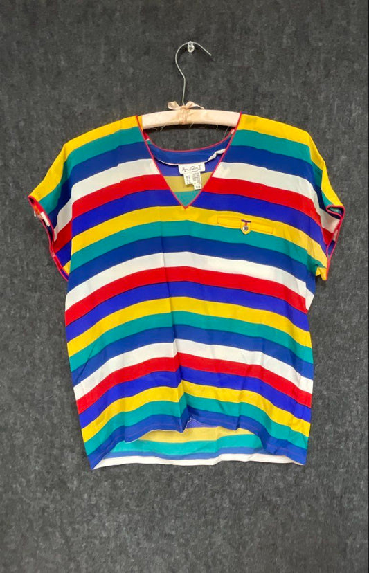 Marc d'Alcy Paris Women's Blouse Vintage 80s Multicolor Striped Silk Sz 7/8