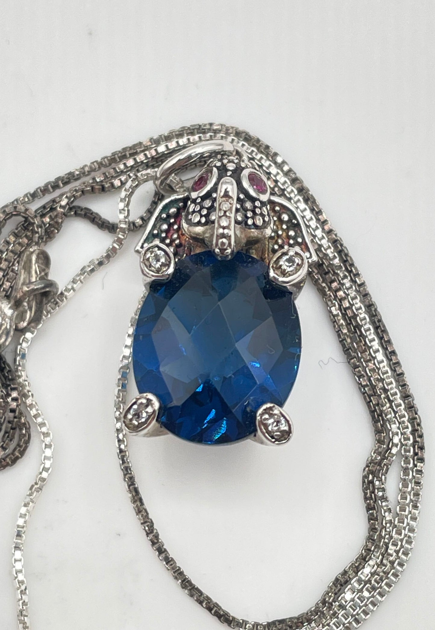 925 Sterling Silver Oval Blue CZ Ruby Eye Accents Elephant Pendant Necklace 4.3g
