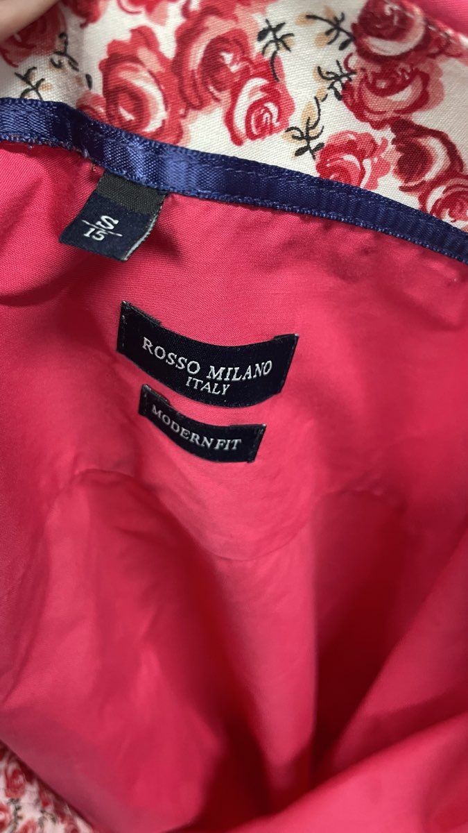 Rosso Milano Men's Hot Pink Modern Fit Button Up Shirt Floral Rose Trim Sz S 15