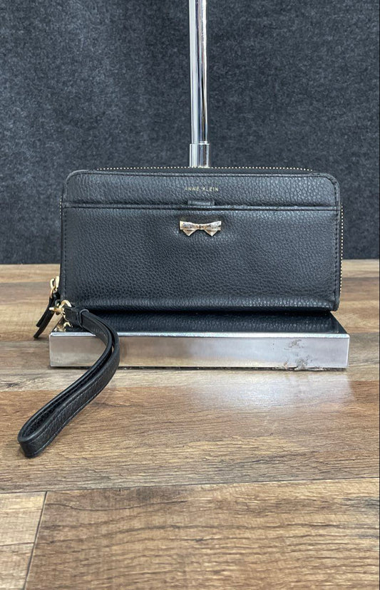 Anne Klein Black Leather Zip Around Wristlet Wallet Gold Tone Bow Accent