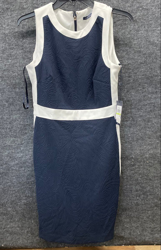 Tommy Hilfiger Women's Navy White Colorblock Textured Paisley Sheath Dress 4 NWT