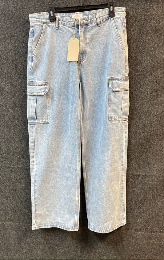 Meshki Women's Jagger Relaxed Denim Cargo Jeans Mid Blue 100% Cotton Sz M NWT