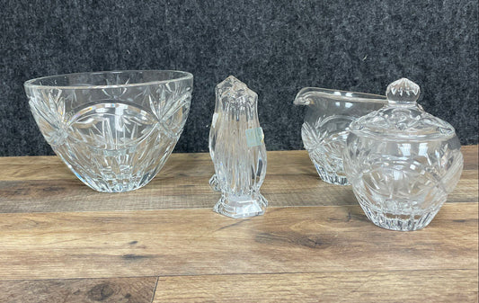 Crystal Glassware 4 Piece Lot Gorham Sugar Creamer Mikasa Vase Bowl Vintage