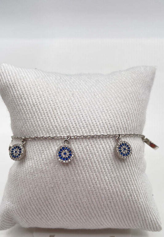 925 Sterling Silver Blue & White CZ Evil Eye Charm Link Bracelet 5.6g