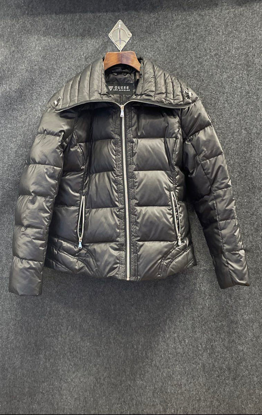 Guess Women's Puffer Jacket Black Down Feather Fill Wide Collar Full Zip Sz L