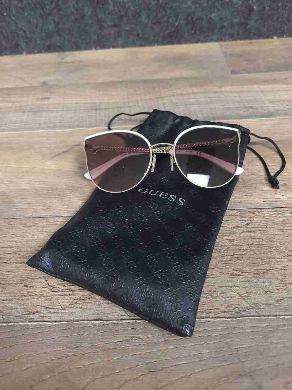 Guess Women's Gold White Cat Eye Sunglasses Chain Arms GF6092 Gradient Lens