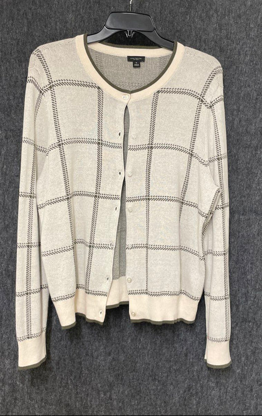 Ann Taylor Women's Cream Dark Green Windowpane Plaid Button Cardigan Sz XL