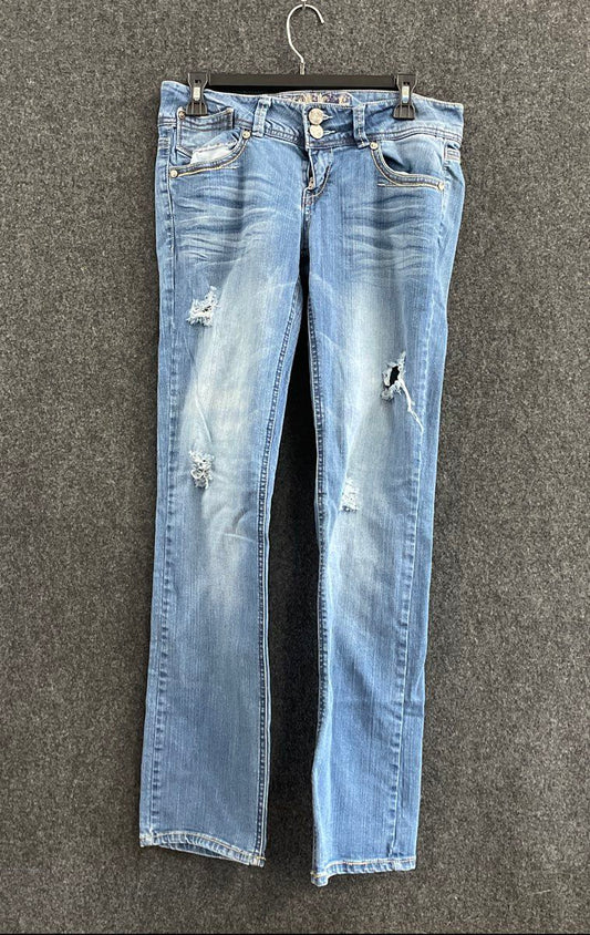 Truce Women's Y2K Blue Low Rise Bootcut Distressed Embellished Jeans Size 9