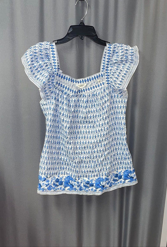 NWT Max Studio London Women's Blouse Blue Floral Embroidered Flutter Sleeve Sz S