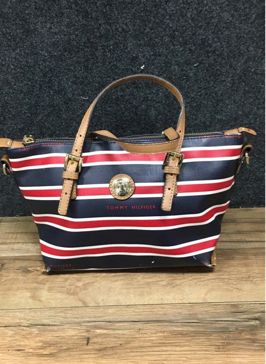 Tommy Hilfiger Navy Red White Striped Saffiano Satchel Handbag Gold Hardware