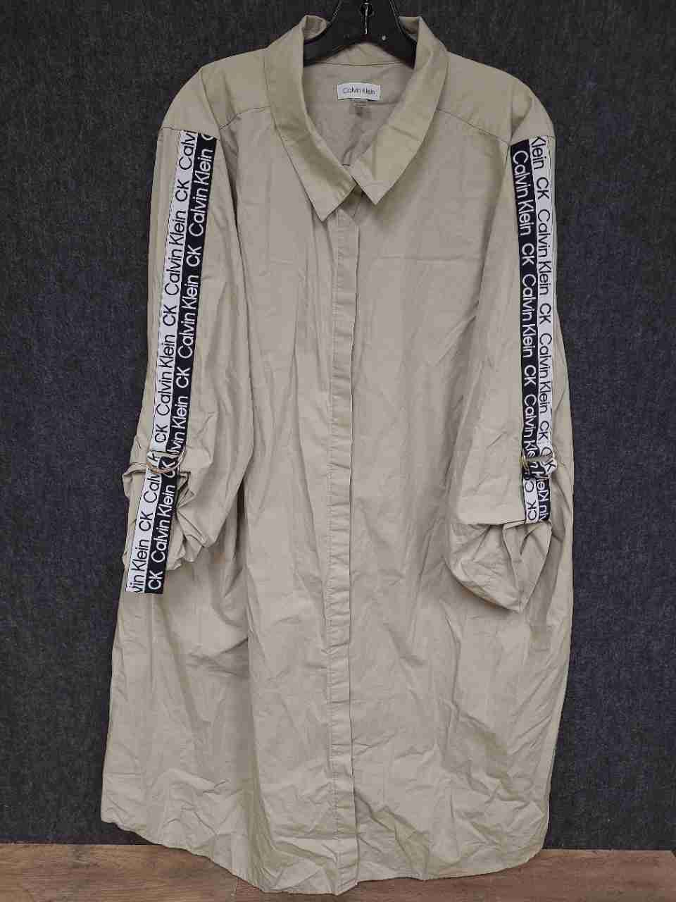 Calvin Klein Women's Beige Logo Tape Sleeve Button Down Shirt Tunic Sz 2X