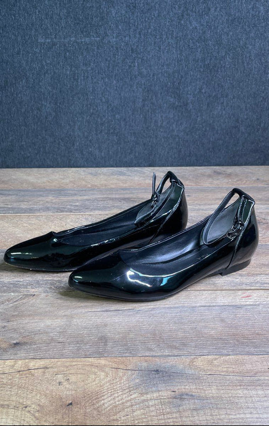 Via Spiga Black Patent Leather Pointed Toe Ankle Strap Ballet Flats Size 6.5
