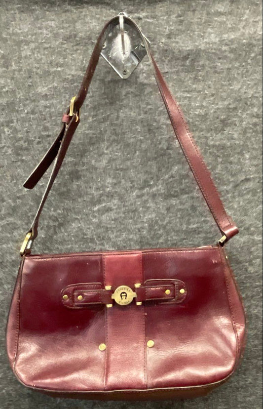 Vintage Etienne Aigner Maroon Leather Shoulder Bag Brass Logo Hardware