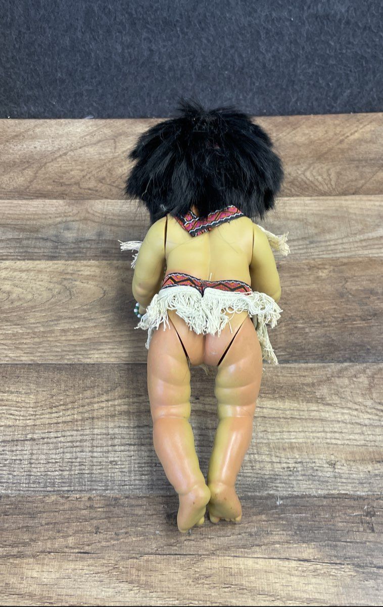 Vintage Native American Style Doll Vinyl 13" Beaded Outfit Faux Fur Hair