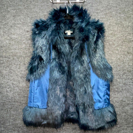 Halston Women's Blue Faux Fur Shaggy Sleeveless Vest Size M
