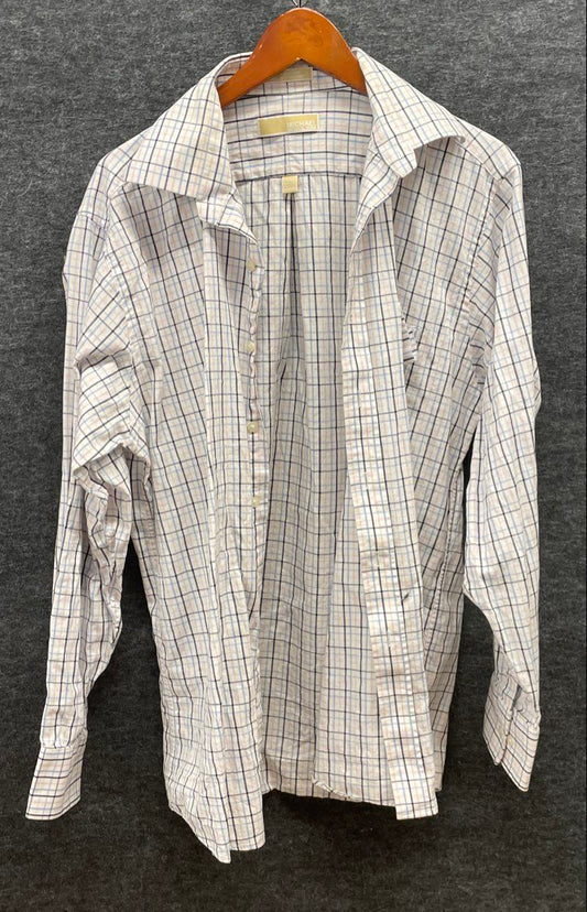 Michael Kors Men's White Blue Tan Plaid LS Button Down Shirt Sz 16.5 34/35