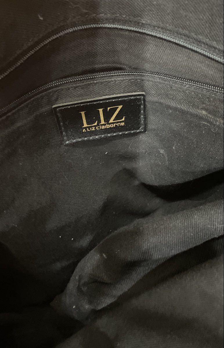 Liz Claiborne Black Faux Leather Large Tote Bag Gold Tone Hardware